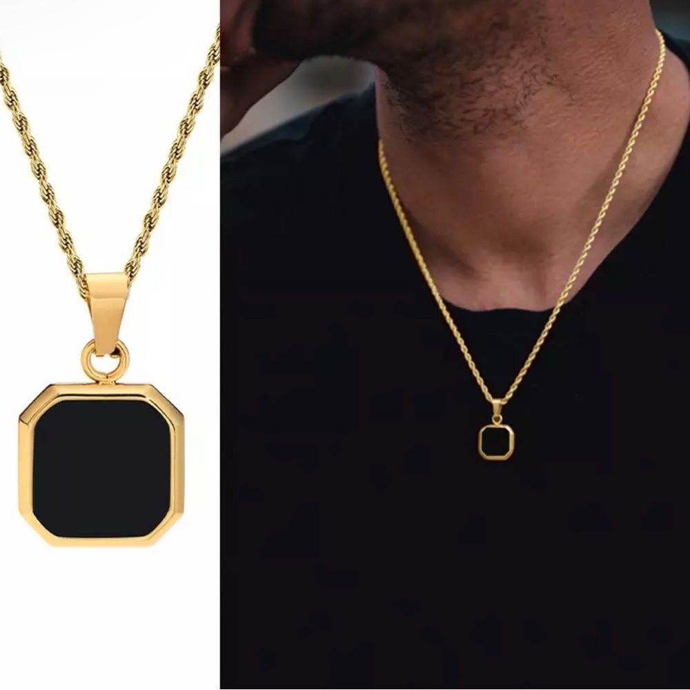Men’s Stainless Steel Rope Chain Necklace Black Square Pendant 22” - Picture 1 of 2